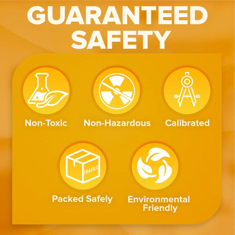 Image showing safety features: non-toxic, non-hazardous, calibrated, packed safely, environmentally friendly.