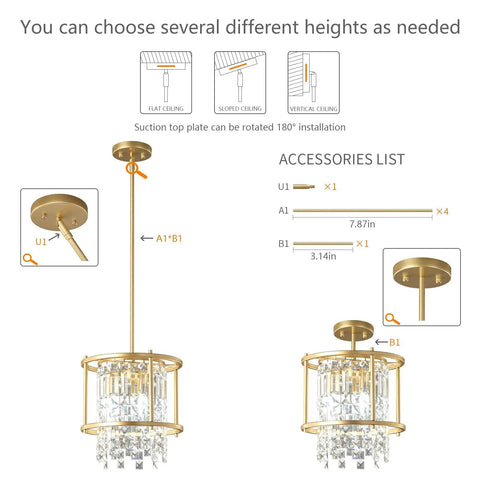 Modern Gold Crystal Foyer Chandelier With Round Metal Frame Adjustable Height Entryway Pendant Light assembly diagram