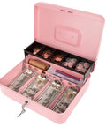 Pink Cash Box With Money Tray And Key Lock For Cash Till, Secure Locking Safe Box With Two-Tier Coin Tray And Ample Storage