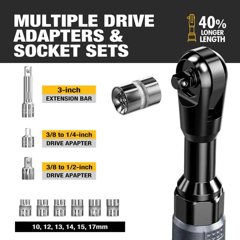 3/8 Inch Cordless Ratchet Wrench Set With 60 Ft Lbs Torque 12V Power Variable Speed LED Light 6 Sockets Adapters Display