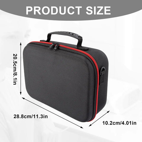 Hard Case For Nebulizer And Accessories, Travel Ready Storage Bag, black with red zipper, shown with dimensions