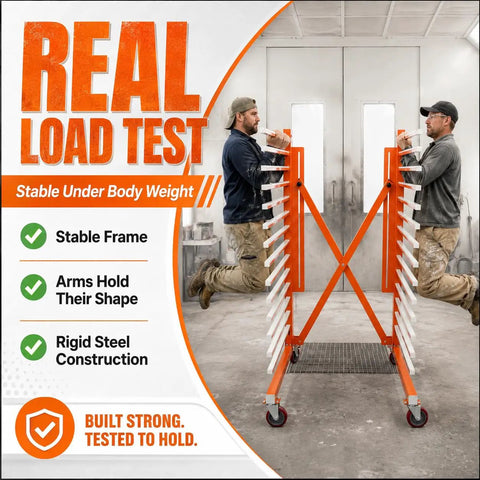 Heavy Duty Expandable Paint Drying Rack For Cabinet Doors With Smooth Casters And Hella Solid Steel Frame For Commercial Millwork And Serious Woodworking Projects Daily in use with carpenters testing stability.