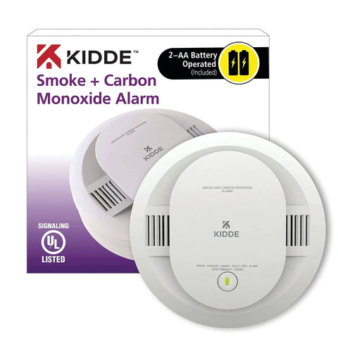 Two In One Smoke And Carbon Monoxide Detector With AA Battery Power And LED Warning Indicators Plus Home Fire Extinguisher With Mounting Bracket Included For Easy Safety Upgrades, front view