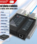 Go To RJ45 RJ11 RJ12 Cable Tester For Cat5 Cat5E Cat6 Cat6A POE With Remote Viewing And Wire Mapping To Detect Shorts Open Crossed Pairs And Other Wiring Faults On UTP STP Networks, showing test data cables and result indicators.