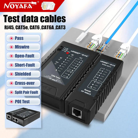 Go To RJ45 RJ11 RJ12 Cable Tester For Cat5 Cat5E Cat6 Cat6A POE With Remote Viewing And Wire Mapping To Detect Shorts Open Crossed Pairs And Other Wiring Faults On UTP STP Networks, showing test data cables and result indicators.