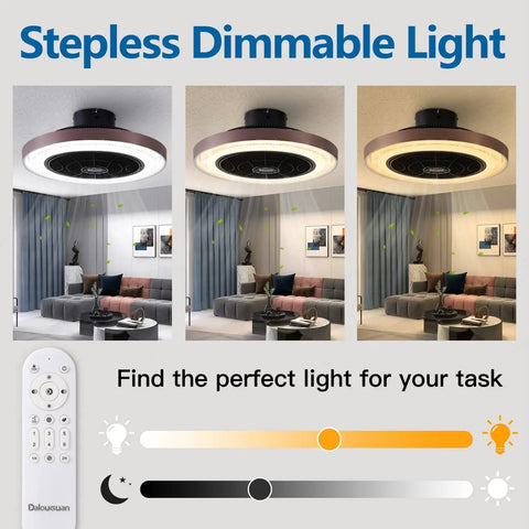 19 Inch Enclosed Ceiling Fan With Lights, 6 Speeds, Low Profile Flush Mount in room showing dimmable light variations.