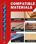 Ultra Long 1 Inch Wood Auger Drill Bit With A 3 Flute Cutting Head For Faster Cleaner Holes In Wood, 12 Inch Length And 3 Eighth Inch Shank, High Carbon Steel Pro Grade With Protective Storage Tube Keewaki shown with compatible materials like softwood, hardwood, plywood, laminated board, plastic, and OSB board.