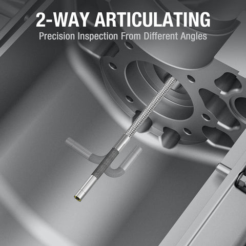 Two Way Articulating Borescope With Light For Auto Maintenance And Diagnostics shown inspecting engine parts
