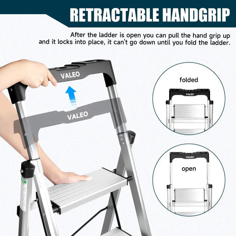 Aluminum Folding Ladder With Retractable Handgrip And Anti Slip Pedals For Kitchen Garage And Home Easy Fold Space Saving Sturdy Portable 330 Pound Capacity 4 Step Design, folded handgrip view