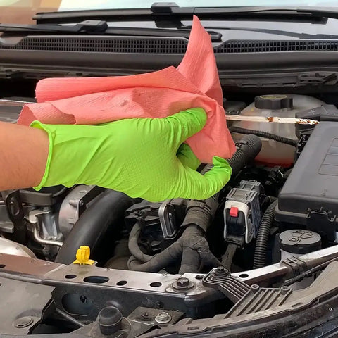 Top Dollar Premium Hydrospun Wiper Rolls In Vivid Red, Twelve By Thirteen Inch Heavy Duty Sheets for engine cleanup.