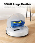V2 Robot Vacuum Cleaner With Tangle Free Suction And Ultra Slim Two Point Nine Nine Inch Profile 120 Minute Runtime Self Charging Design Ideal For Pet Hair And Hard Floors on hardwood floor with open dustbin compartment showing blue 300ml dustbin