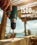 Heavy Duty Hex Head Wood Screws Size 14 By 4 Inch Structural Lag Bolts Carbon Steel Green Coated For Timber Log And Landscaping 40 Pack being installed with a drill.