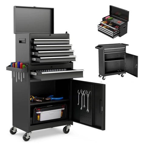 Five Drawer Rolling Tool Cart With Detachable Cabinet Heavy Duty Pro Grade Mobile Tool Chest For Garage Workshop Or Warehouse Removable Bottom Cabinet And On Wheels Storage Organizer In Black featuring open drawers and tools