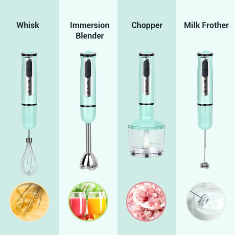 All-In-One 5-In-1 Immersion Hand Blender With 500W Power And Quick-Connect Attachments 860ml Food Chopper 600ml Beaker Milk Frother Egg Whisk 8 Speeds For Purees Smoothies Soups And Infant Meals shown with components
