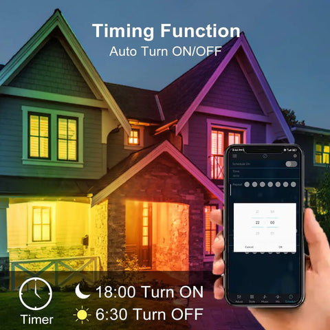 10W RGBIC Lit Color Changing Landscape Light With App And Remote Control, illuminating house with color and timer function display
