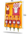 Lockout Tagout Kit With Ten Numbered Padlocks, Three Hasps, Thirty Tags, And Thirty Yellow Nylon Cables, Transparent Lockable Cover For Easy Access, Dustproof Safety Station with padlocks and hasps displayed.
