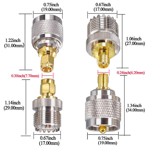 SMA To UHF Antenna Adapter Kit 4 Type Set PL259 To SMA Coax Connectors Gold And Silver Plated with dimensions labeled