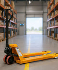 Heavy Duty Manual Pallet Jack Truck With 5500 Lbs Capacity And Dual Polyurethane Wheels in a warehouse setting.