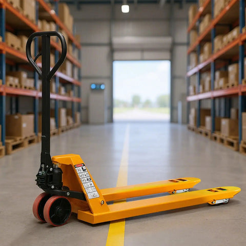 Heavy Duty Manual Pallet Jack Truck With 5500 Lbs Capacity And Dual Polyurethane Wheels in a warehouse setting.