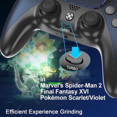 Upgraded Luna Controller with TURBO button, focusing on blue joystick and programmable turbo feature for Fire TV gaming.