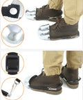 Heavy Duty Steel Toe Guard Metatarsal Guard Set With Adjustable Straps For Universal Fit In Work Boots Shoes And More Two Pairs Designed For Enhanced Foot Protection On Construction Sites Factories Warehouses And Everyday Jobs shown installed on brown work shoes