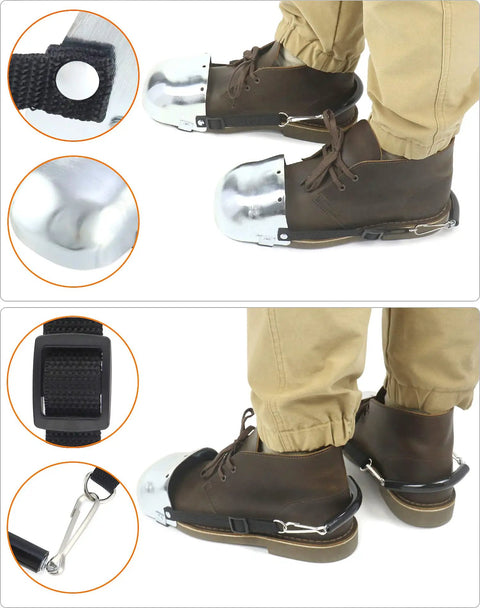 Heavy Duty Steel Toe Guard Metatarsal Guard Set With Adjustable Straps For Universal Fit In Work Boots Shoes And More Two Pairs Designed For Enhanced Foot Protection On Construction Sites Factories Warehouses And Everyday Jobs shown installed on brown work shoes