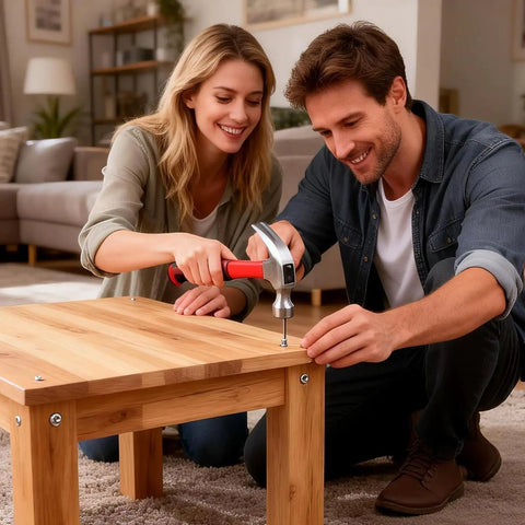A couple assembling a wooden table using the 160-Piece All-Purpose Tool Set In A Delicate Toolbox For Everyday Home Repairs, DIY Projects.