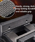 Beefy 4 Inch Heavy Duty Drill Press Vise With Quick Release Clamp Low Profile Benchtop Vise For Workbench Drills 4.3 Inch Jaw Opening And 4 Inch Jaw Width Includes 4 Bolts. Close-up of textured steel jaw grip