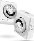Close-up of 24 Hour Programmable Dual Outlet Timers For Indoor Use With Auto On Off Schedules Plug In Heavy Duty Wall Plugs Two Pack