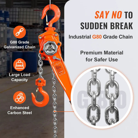 Heavy Duty Manual Lever Hoist 1.5 Ton 3300 Lbs with G80 Chain and swivel hook, showcasing carbon steel and large load capacity.