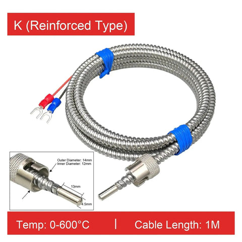 K Type And J Type Thermocouple Temperature Sensor With Adjustable Probe For Industrial Heaters And Injection Molding Machines Pt100 Compatible 0 To 600 Degrees Range With 1M Cable Heavy Duty Industrial Grade