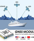 Illustration of GP10 Precision GNSS Module with GPS BDS GLONASS multi constellation support showing satellite connections to a ship.