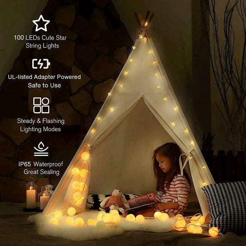 33 Ft 100 LED Star Fairy String Lights With Remote And Timer For Indoor And Outdoor Use illuminating a cozy tent scene.