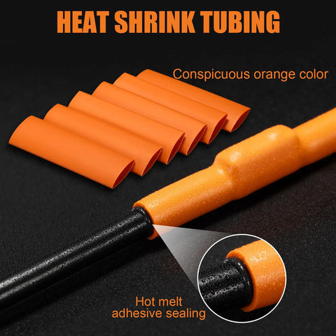 Heavy Duty Wire Connectors Kit With Heat Shrink Tubing 12 Pcs Terminals For 16-8 AWG And 8-6 AWG Brass Copper Crimp Terminals With Stainless Screws Outdoor Ready Adhesive Sealed For Easy DIY Electrical Projects featuring conspicuous orange tubes with hot melt adhesive sealing.