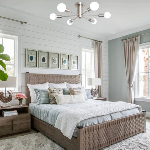 Six Light Brushed Nickel Sputnik Semi Flush Mount Ceiling Light Fixture With Mid Century Modern Vibe in bedroom