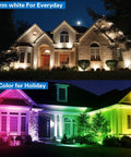 House facade lit with Six Pack RGBW In Ground Landscape Lights With Remote, 10W Low Voltage Color Changing LED, cool white and multicolor