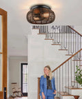 2 Light Rattan Ceiling Light 12.6 Inch Semi Flush Mount Handwoven Boho Brown Farmhouse Cage Fixture in entryway.