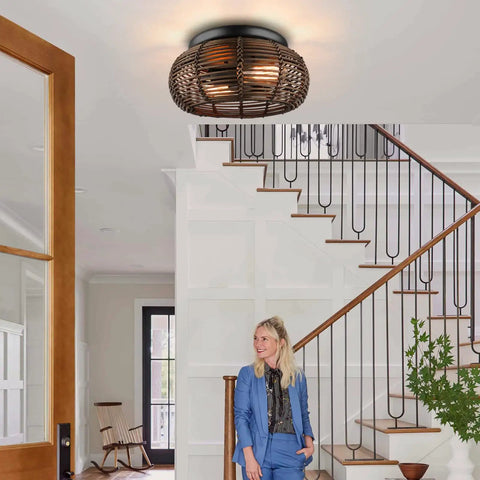 2 Light Rattan Ceiling Light 12.6 Inch Semi Flush Mount Handwoven Boho Brown Farmhouse Cage Fixture in entryway.