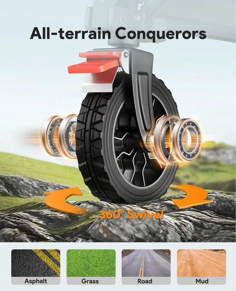 All-terrain wheel with 360° swivel for foldable utility cart with 180L capacity and 330lbs beefed up weight capacity.