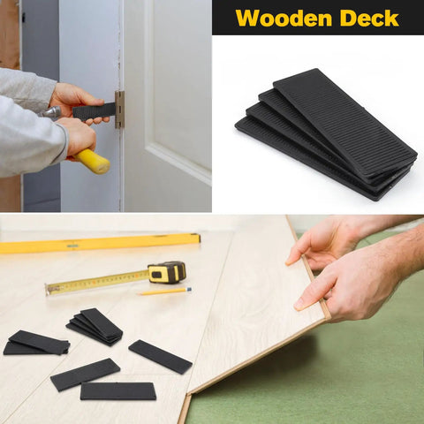 Solid Plastic Shim Set For Leveling And Drywall Applications, 80 Pieces In 3/64 5/64 1/8 And 5/32 Inch Black in use and close-up