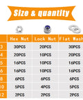 252 Piece Hex Nut and Lock Nut Set With Flat Washers in 304 Stainless Steel M3 to M12 sizes chart showing quantity and types