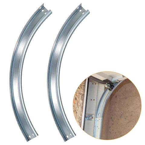 Garage Door Curved Track R15 Pair For Smooth Opening Durable Replacement Rails For Residential Doors Heavy Duty Steel Curved Track Set Easy Fit Quiet Operation Endurance For Daily Use, showing two silver metal tracks and installed view