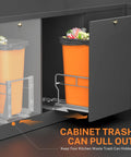 Premium Slick Under Cabinet Trash Pull Out Organizer Rack With Silent Soft Close Slides For Space Saving Kitchen Layout and Reliable Daily Maintenance showing an orange trash can inside a cabinet.
