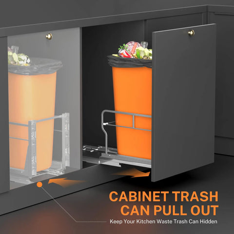Premium Slick Under Cabinet Trash Pull Out Organizer Rack With Silent Soft Close Slides For Space Saving Kitchen Layout and Reliable Daily Maintenance showing an orange trash can inside a cabinet.