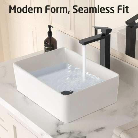 Dope Matte Black Tall Vessel Sink Faucet For Single Hole Bathroom Setup Stainless Steel Lead Free 18 8 NSF And CUPC Certified California CEC Compliant Modern Waterfall Style on white vessel sink