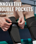 Person adjusting Soccer Shin Guard Sleeves With Insert Pocket And Top Lid, Breathable Mesh, Large, Black, on their legs