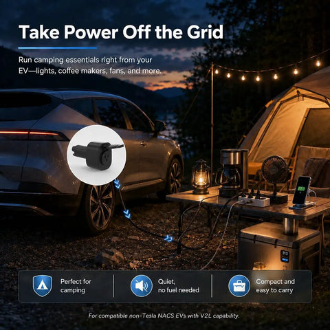 Essential Badass NACS V2L Adapter Turns Electric Rides Into Mobile Power Hubs with camping setup and EV powering lights.