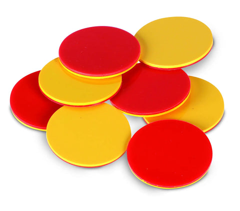 Straight Up Double Sided Counting Tiles For Kids, Red And Yellow Math Manipulatives, Preschool Sorting Gear, Classroom Education Tools, Rock Solid 200 Piece Plastic Counters Absolutely Dope For Early Math Games stacked flat red and yellow counting discs.