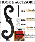 Components of Eight Piece Steel Blind Shutter Hinges Set 11.75 Inch Black Wrought Iron Offset Pintle Strap Hinges With Four S Hooks