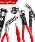 Hot Deals On This 5-In-1 Hose Clamp Pliers Kit, The Ultimate Auto Repair Tool For Tightening And Removing Clamps With Ease. Durable Metal Build Ensures Long Life While You Tackle Any Vehicle Maintenance Job Or DIY Fixin Like A Pro Mechanic In No Time At close-up set of five metal hose clamp pliers with red handles